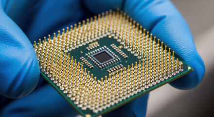 Detailed Close-Up of a Computer Processor Held by a Person Wearing Blue Gloves Showcasing the Intricate Design and Advanced Technology of Modern Computing