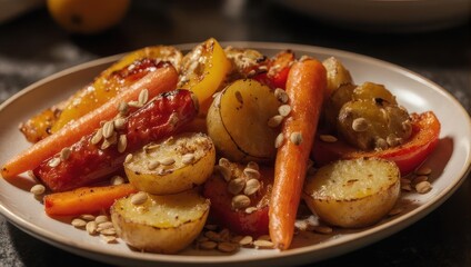 Roasted vegetables, potatoes, carrots, and peppers, garnished with seeds on a plate