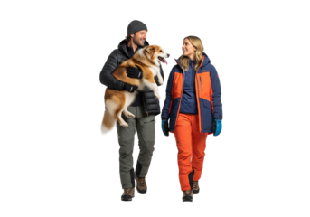 Smiling Couple Walking Outdoors in Warm Winter Clothing, Man Carrying Their Happy Dog, Isolated on White Background