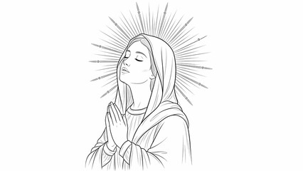Fototapeta premium Graceful line-art depiction of the Virgin Mary lifting her face in prayer, illuminated by a radiant halo symbolizing purity, hope, and divine devotion.