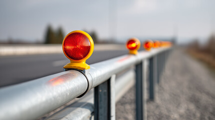 Red lights on metal railings along roadway
