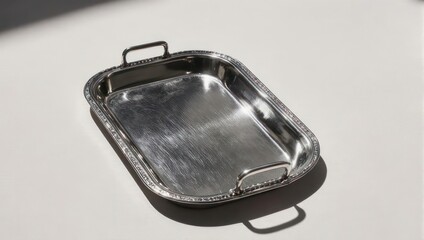 Shiny Stainless Steel Roasting Pan with Handles on White Surface.