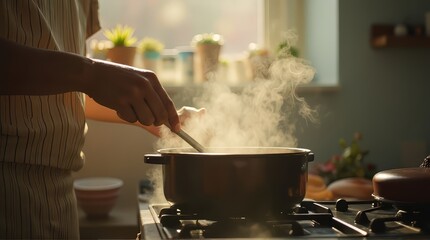 Cooking in Pot on Stove with Steam