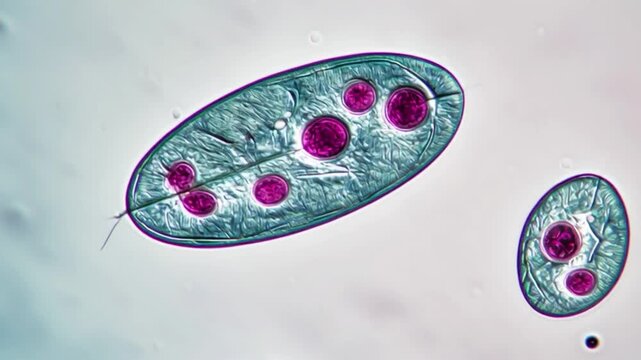4k Protozoa protists unicellular organism paramecium microorganism in water drop microcosmic view, microscopic biology scene showing cellular structure, scientific research concept for education, labo