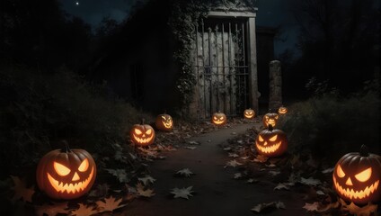 Spooky, moonlit scene with glowing pumpkins lining a path leading to an old gate