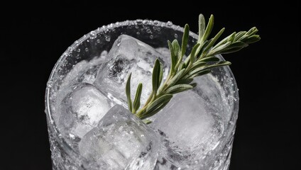 Refreshing Gin and Tonic with Rosemary Garnish on Ice.