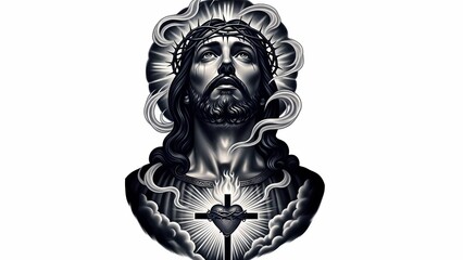 Obraz premium Sacred monochrome depiction of Christ gazing upward, crowned with thorns, surrounded by radiant light and smoke, with a glowing sacred heart and cross at the center