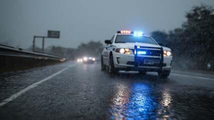 Police car driving in rain with lights on road