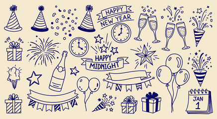 Hand drawn New Year's Eve festive celebration doodle elements featuring clocks, champagne, party hats, fireworks, and balloons for holiday design projects and digital illustrations