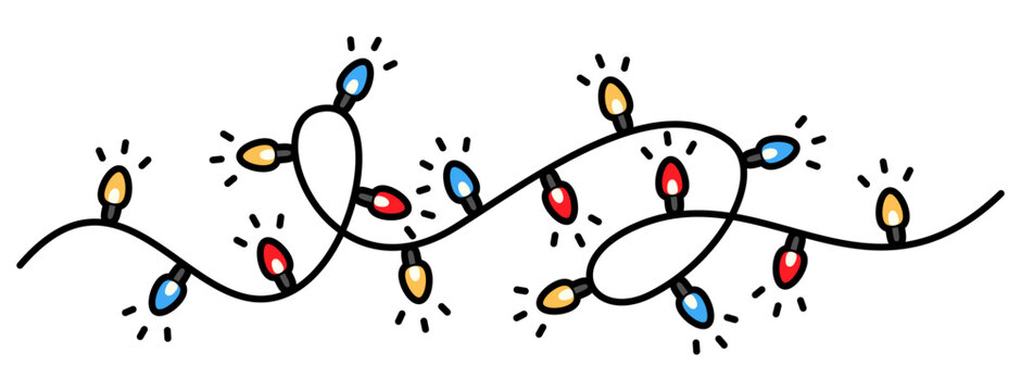 Garland with lights hand drawn in playful doodle sketch style. Hanging string with glowing bulbs illustrated with expressive strokes. Vector decorative element isolated with simple festive charm. - Powered by Adobe