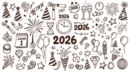 Cheerful hand-drawn New Year 2026 celebration elements doodle art featuring party hats, fireworks, balloons, and countdown clocks, ideal for festive designs and joyful seasonal greetings