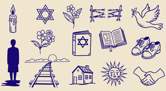 Hand-drawn collection of poignant symbols representing Holocaust remembrance, human resilience, and the universal yearning for peace, featuring candles, barbed wire, train tracks, Star of David, and