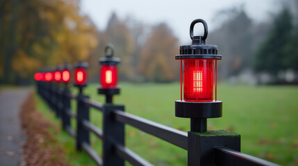 Red lanterns on black fence in park