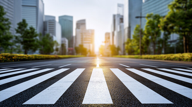Modern urban crosswalk at sunrise in downtown