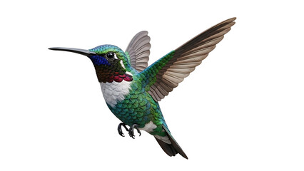 Naklejka premium Vibrant and agile hummingbird with iridescent green and blue feathers captured in mid-flight, a stunning display of natural beauty and delicate motion, isolated on white for versatile design projects