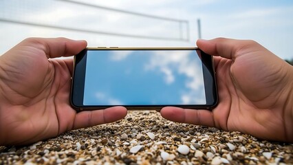 Hands holding smartphone reflecting sky on beach with volleyball net.
