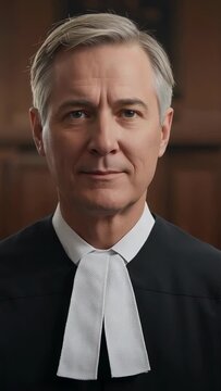 Vertical video: Camera focusing, senior opening eyes and addressing court, black robe white jabot