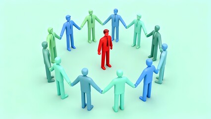 A group of people held hands in a circle, with one man in a red suit standing out from the crowd. Creative business ideas, diverse concepts.