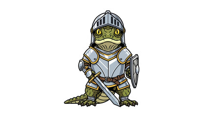 Brave lizard knight in shining armor holding a sword and shield.