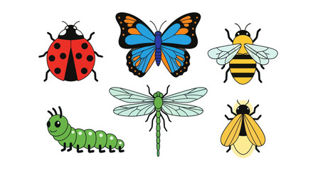 Set of colorful cartoon insect illustrations on a white background.