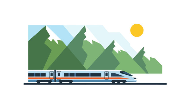 High-speed train traveling through a scenic mountain landscape.