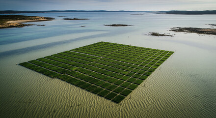 Aquaculture farm in tranquil waters, showcasing sustainable food production and oceanic resource management