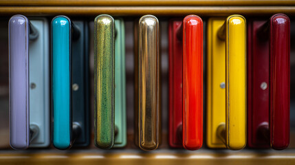 Fototapeta premium “A shop display stand featuring metal door handles in various colors, showcasing different styles and finishes for selection.”