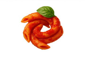 Delicious penne pasta with vibrant tomato sauce on a transparent background.