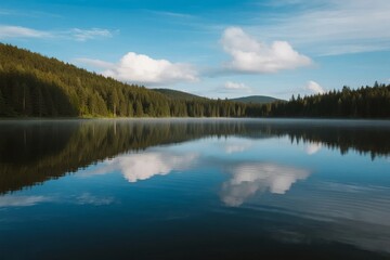 Calm lake reflecting clouds and forest under a clear blue sky
