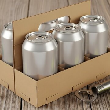 Six pack of aluminum cans in cardboard carrier.