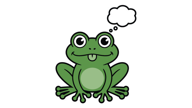 Cartoon Green Frog with Tongue Sticking Out and Thought Bubble Isolated on White