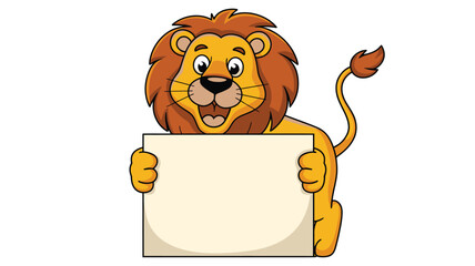 Cartoon Lion Holding a Blank Sign Ready for Text, Isolated on White Background
