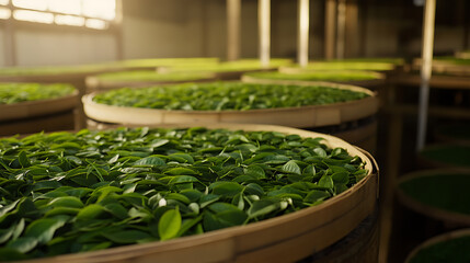 Close-up of round trays filled with fresh green tea leaves drying indoors, sunlight streams in. A calming scene, emphasizing nature's simplicity in tea making.