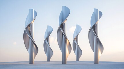 A series of vertical axis wind turbines are isolated against a clean white background. The sleek, metallic turbines stand tall, poised to capture the wind in a sustainable and modern design concept.