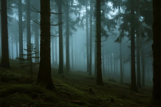 Misty forest scene with tall trees and fog-covered ground - Powered by Adobe