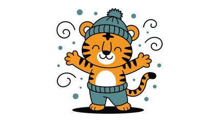 Cartoon Tiger Wearing Winter Hat and Clothes Surrounded by Whimsical Swirls and Teal Dots