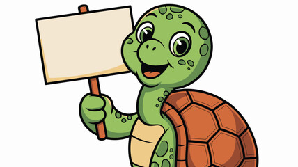 Cartoon Turtle Smiling Holding Up a Blank Sign for Adding Your Own Text Here