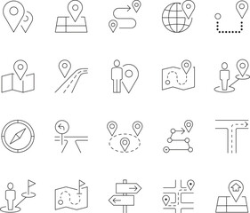 Route Line Icons Editable Stroke: Navigation, Map, Location Pin, GPS, Direction, Journey, and Travel Outline Symbols