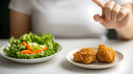 Choice matters: A person selecting a healthy green salad over tempting crispy fried chicken. Balancing diet is key for well-being. Opt for nutritious food for a better life.