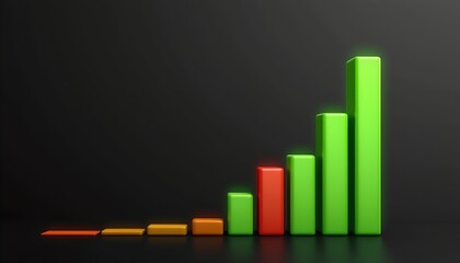 a of three green bar charts increasing from left to right, then one very small red bar chart and then another two green bar charts on a black gradient background