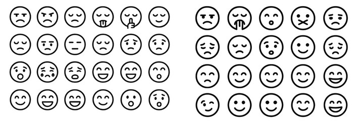Collection of outline emoticons showing diverse human emotions and facial expressions