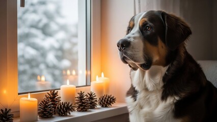 A Swiss Mountain Dog with a thoughtful gaze looking out a window on a snowy day, surrounded by festive Christmas candles and pinecones, evoking a cozy winter atmosphere