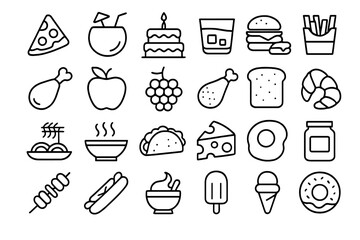 Minimalist outline icons featuring diverse food and drink items for menus and mobile applications