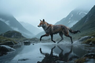 A red fox runs across a shallow stream in a misty mountain valley, reflecting in the water.