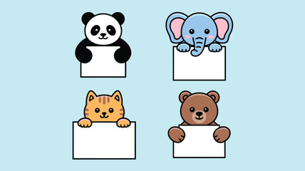 Cute Cartoon Animals Holding Blank White Signs Panda, Elephant, Cat, and Bear on Light Blue Background