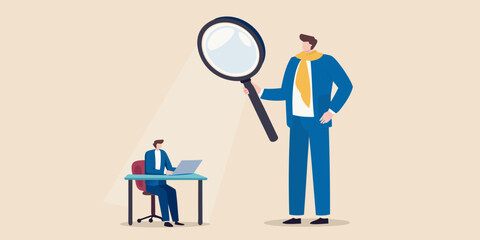 A large man with a magnifying glass observes a smaller man at work