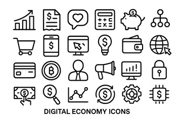 Black line icons representing digital economy, online business, finance, and global commerce