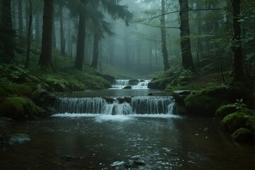 A serene forest stream with cascading waterfalls surrounded by misty trees and lush greenery