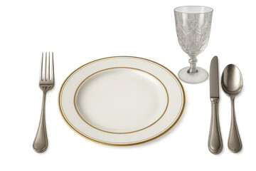 Elegant dinner plate setting with silverware and glass on transparent background.