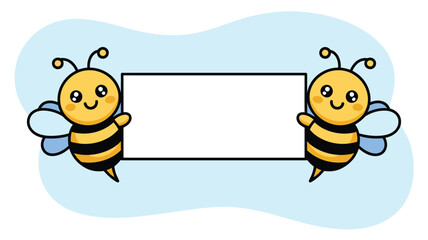 Cute Cartoon Bees Holding Blank White Sign on Light Blue Background